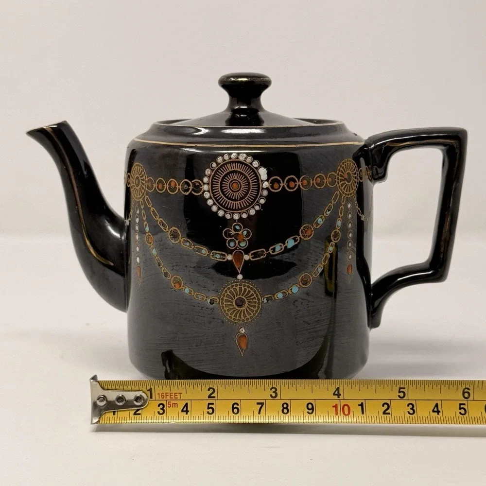 Vintage English Teapot Black Glaze Hand Painted‎ Made in England